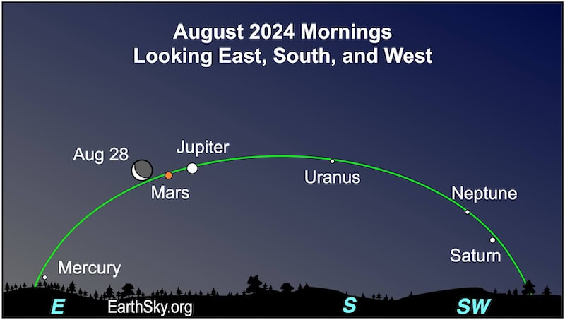 See 6 planets: Chart showing a green arcing line along a wide horizon showing the planets Mercury, Mars, Jupiter, Uranus, Neptune, Saturn and the moon with labels.