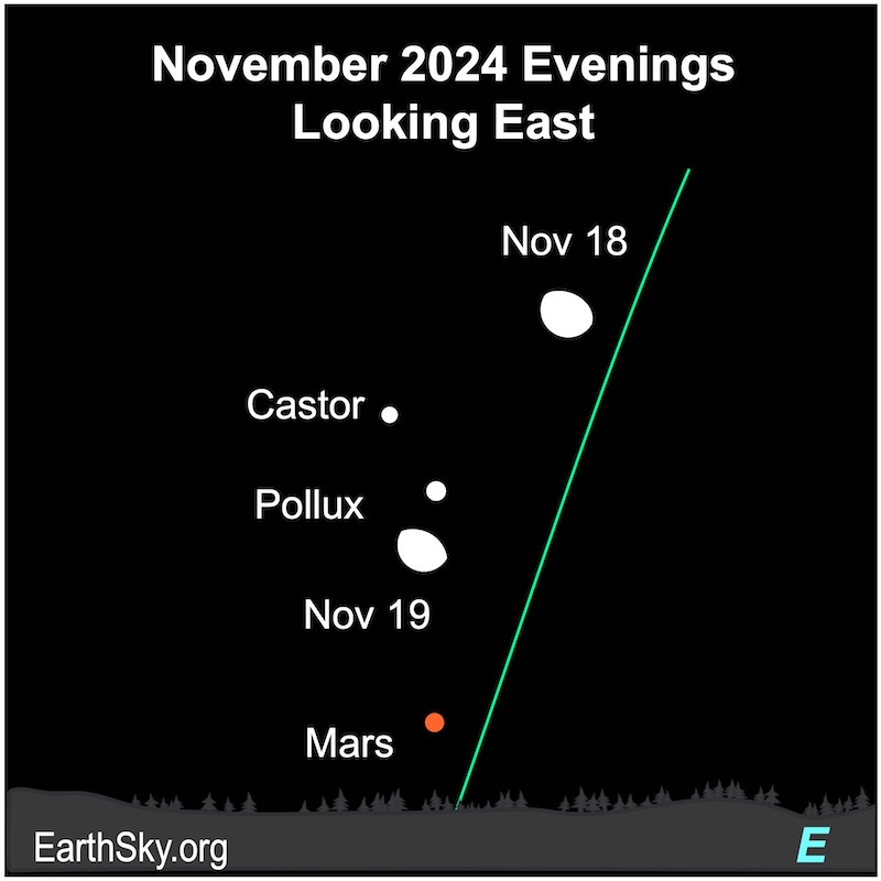 Star chart with 2 gibbous moons labeled November 18 and 19 near dots for Mars and the Twin Stars.