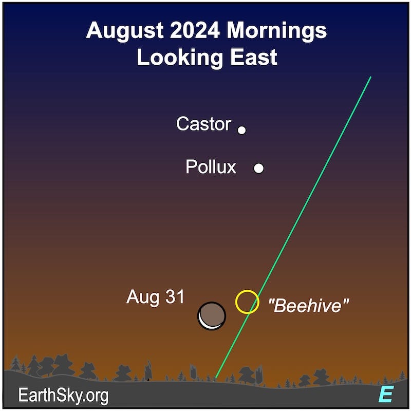 Star chart showing a thin crescent moon near a yellow circle with 2 dots above with star labels.