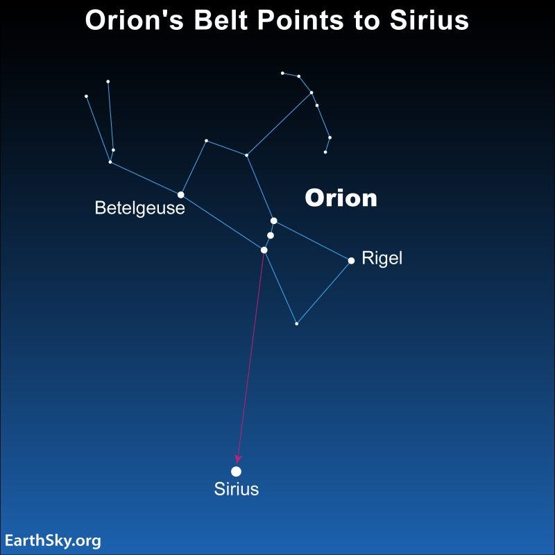 Star chart of Orion - that looks like an hourglass with arms - and arrow from Orion's Belt to Sirius.