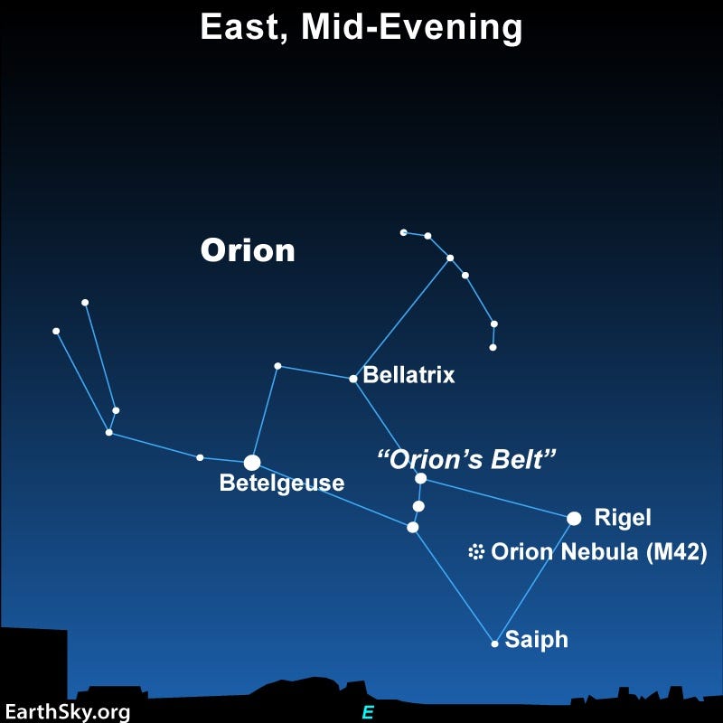 Star chart showing constellation Orion with Rigel, Betelgeuse and Bellatrix marked.