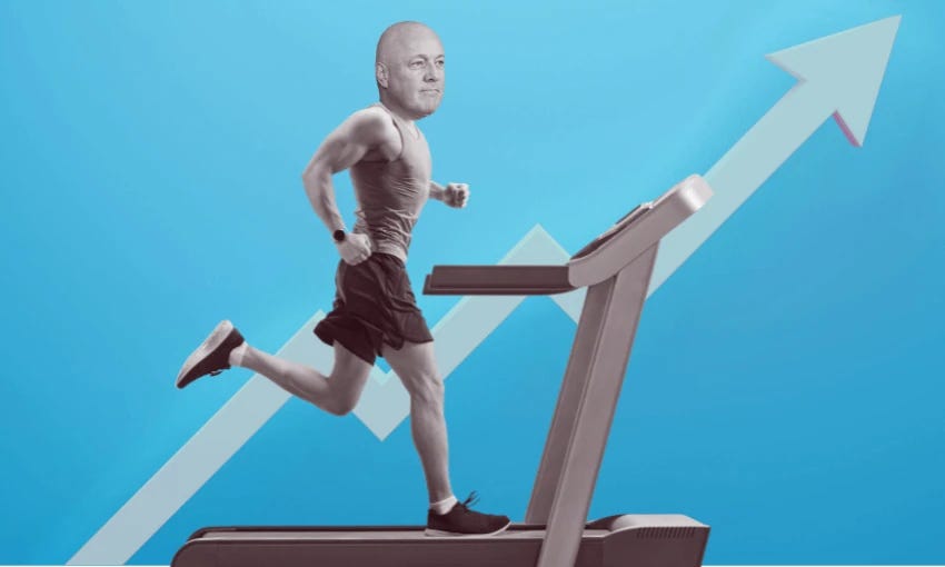 A man with an oversized head is jogging on a treadmill. The background features an upward-pointing arrow, symbolising growth or progress.