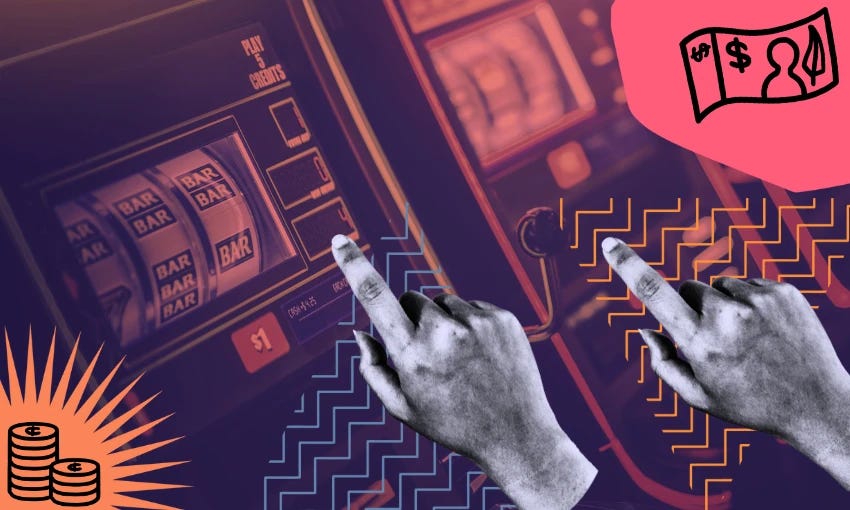 a red toned background with two grey cutout hands hovering over slot machines and little icons of coins and money notes in the background