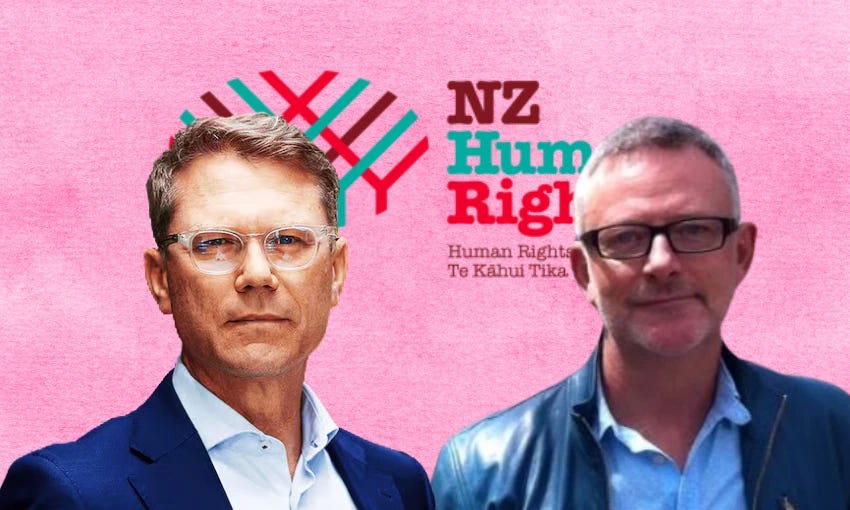 Paul Goldsmith and Stephen Rainbow stand in front of a pink background with the "NZ Human Rights" logo. One wears a blue suit and glasses, the other a leather jacket and glasses.