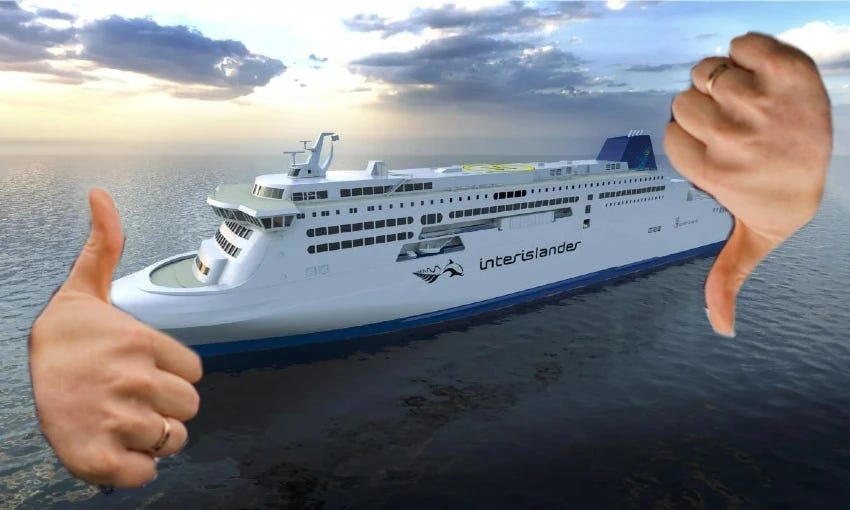 The cancelled iRex Interislander ferry, and Christopher Luxon’s thumbs. The cancelled iRex Interislander ferry, and Christopher Luxon’s thumbs.