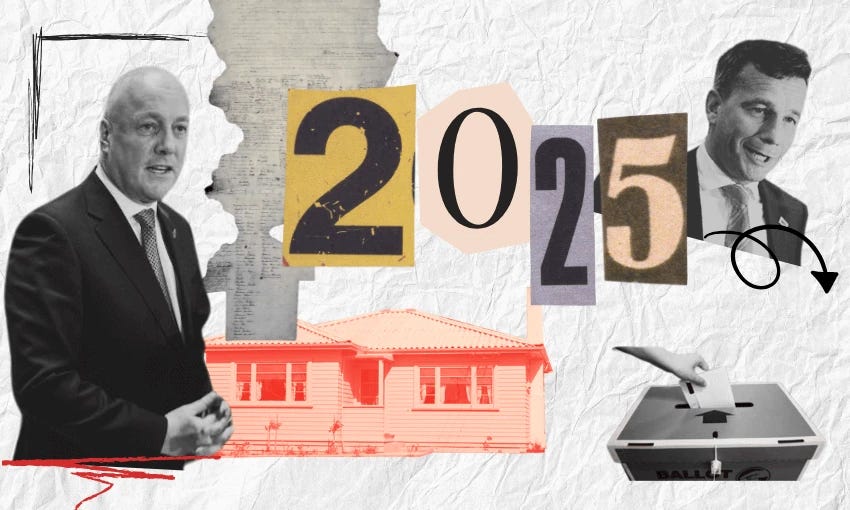 A collage featuring the number "2025" in mixed fonts, a house in the centre, a ballot box with a hand inserting a ballot, and two men in suits. The background is textured with torn paper elements and arrows.