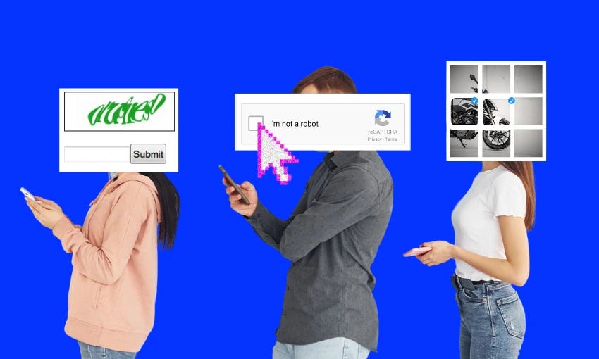 three people stand in a row on a bright blue background looking at their phone. their heads are replaced by CAPTCHA systems, with one having distorted text, another a grid of images containing a blurry morbike, and one having a box saying "I am not a robot" with a mouse hovering over it