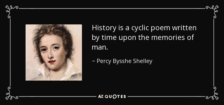 Percy Bysshe Shelley quote: History is a cyclic poem written by time upon  the...