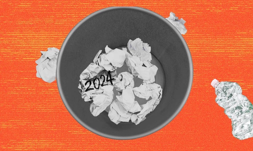 A rubbish bin filled with crumpled paper, one sheet labeled "2024," is set against an orange striped background. A clear plastic bottle lies beside the bowl.