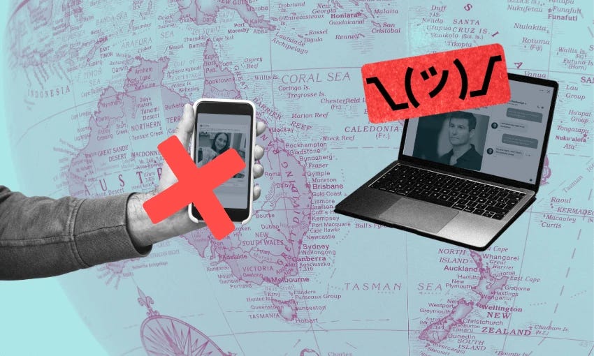 A collage with a hand holding a smartphone featuring a large red "X" over its screen, and a laptop displaying messages. The background is a map of the Pacific region. A shrugging emoji symbol is above the laptop.