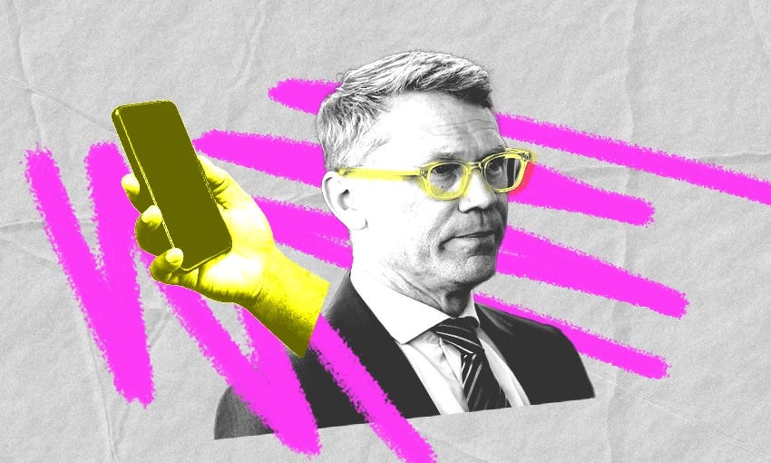 Paul Goldsmith against a grey background with bold pink stripes and a hand holding a phone