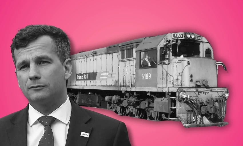 Pink background with a black and white portrait of David Seymour on the left and a Tranz Rail train to the right