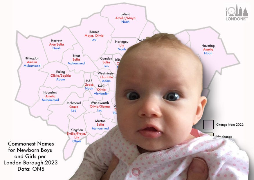 A baby face over a map of common baby names