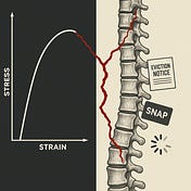 Illustration blending a stress–strain curve with a human spinal column split by a red fracture line labelled ‘Eviction Notice’ and ‘SNAP,’ showing how institutional failures burden bodies.