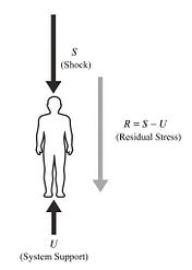 Diagram of a human silhouette with a downward arrow labeled Shock (S) pushing on the back and a smaller upward arrow for residual stress (R = S – U).