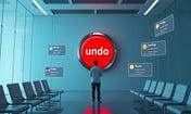 Image: A person standing in a sterile digital waiting room, looking up at an enormous red "UNDO" button locked behind glass with "Requires supervisor access" label, surrounded by floating status windows saying "Pending," "Under Review," "Appeal ETA: 37-90 days"