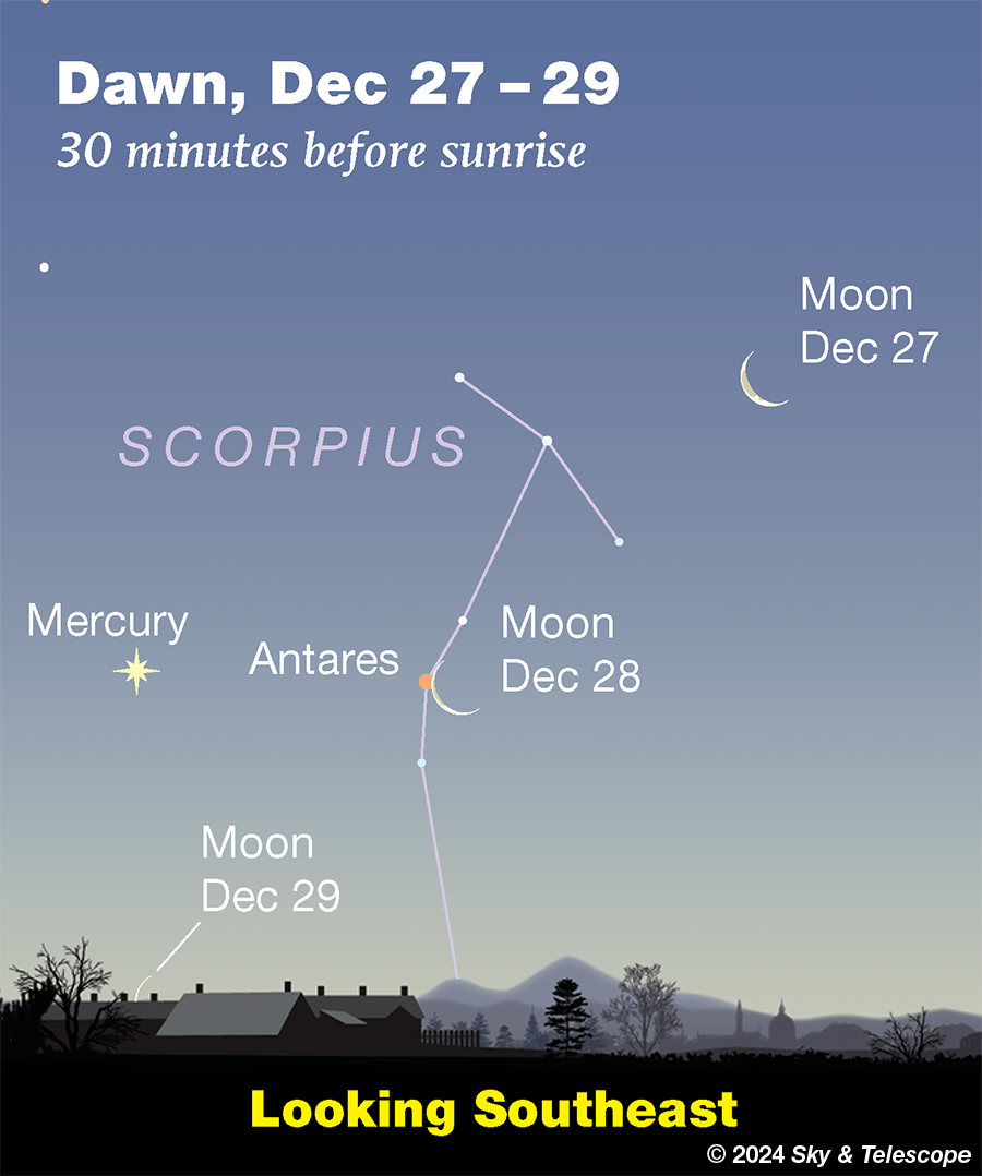 Thin crescent Moon with Antares and Mercury very low in the dawn, Dec. 28, 2024 