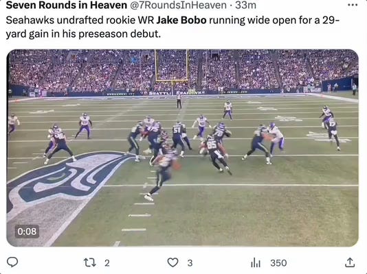 Seattle Seahawks wide receiver Matt Landers waltzes into end zone on  Seahawks quarterback Holton Ahlers' pressured 30-yard touchdown pass