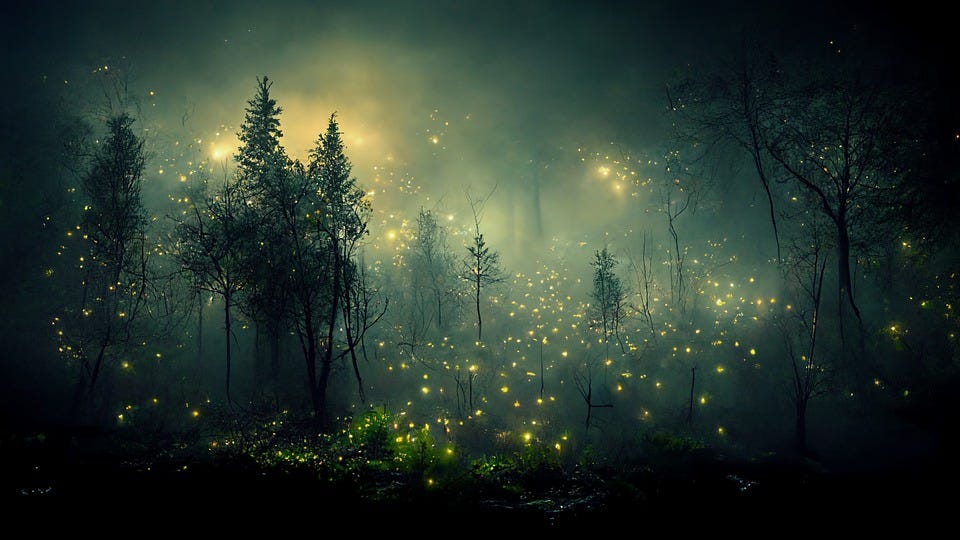 Fireflies, Forest, Fog, Night, Dark, Mood, Halloween