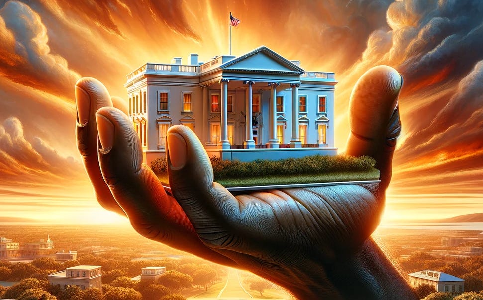 A large White House is held in a person's hand.