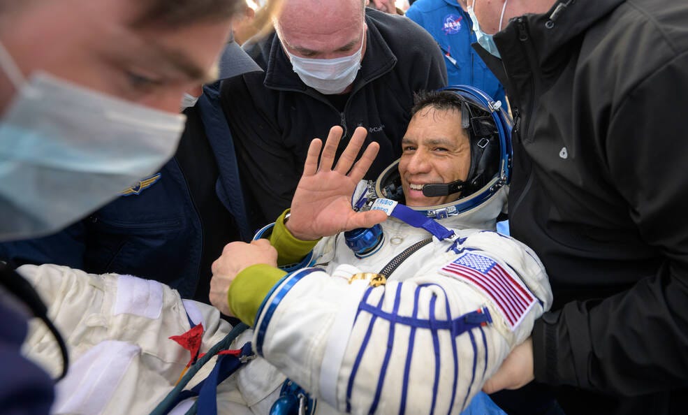 Expedition 69 NASA astronaut Frank Rubio is helped out of the Soyuz MS-23 spacecraft just minutes after he Roscosmos cosmonauts Sergey Prokopyev and Dmitri Petelin, landed in a remote area near the town of Zhezkazgan, Kazakhstan.