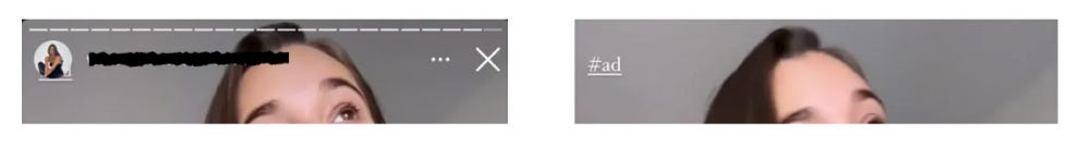 Two photos next to each other that show how an influencer hid sponsorship disclosure behind their profile photo on IG Stories.