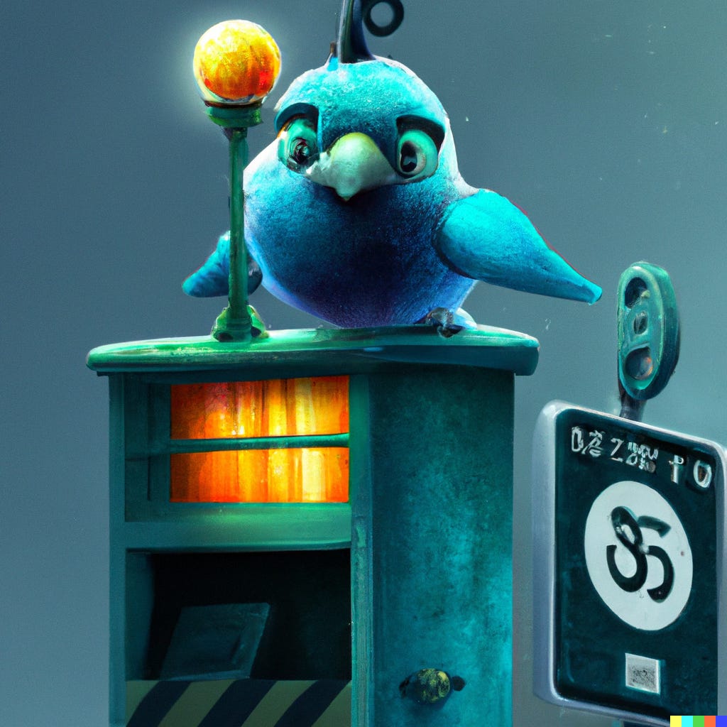 “blue bird at a toll booth, digital art” / DALL-E
