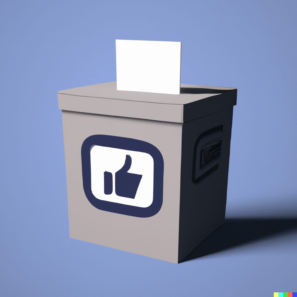 “Facebook logo on a ballot box, digital art,” by DALL-E