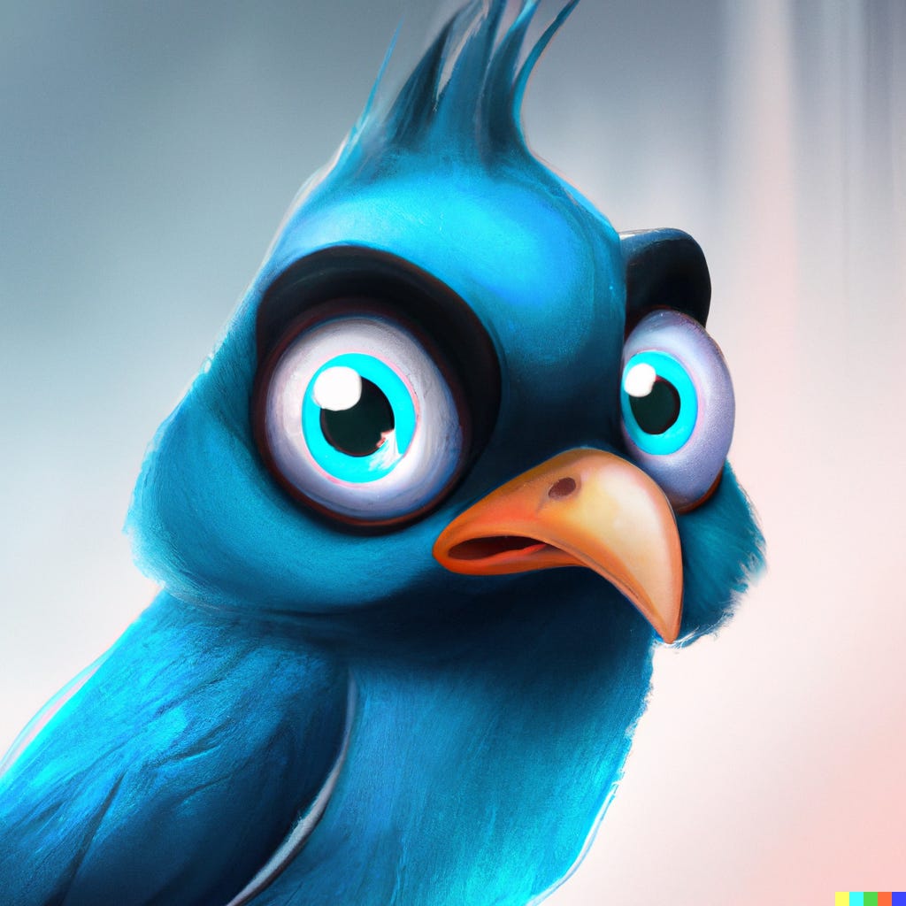 “blue bird with eyes bugging out of its head, digital art” / DALL-E
