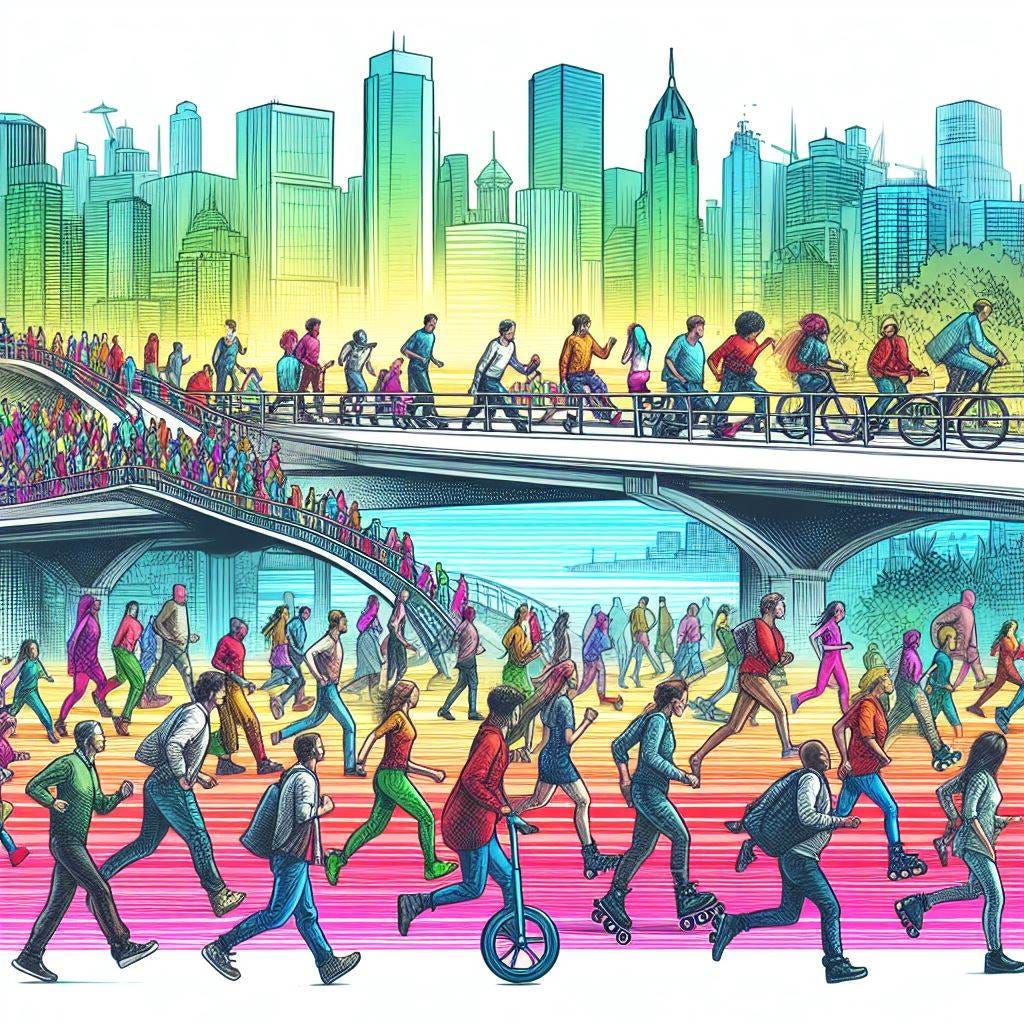 a drawing of lots of people going in different directions