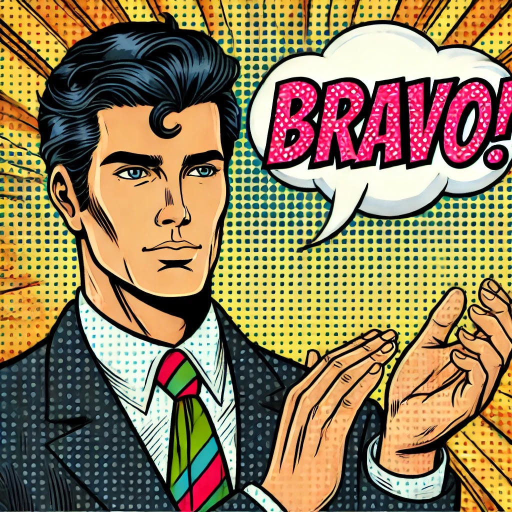 Create a comic book-style illustration of a man in a suit clapping with a speech bubble that says 'BRAVO!' in bold text. The background should feature a classic dotted pattern, reminiscent of pop art. The man should have a confident expression, dark hair, and be in mid-applause. The overall look should be colorful and vibrant, mimicking the comic book aesthetic.