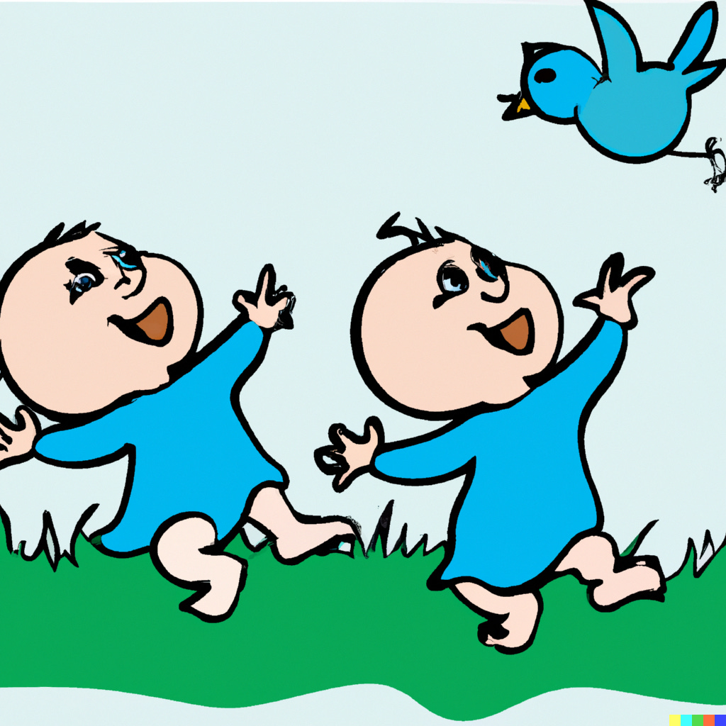 “two babies chasing a blue bird, cartoon style / DALL-E”