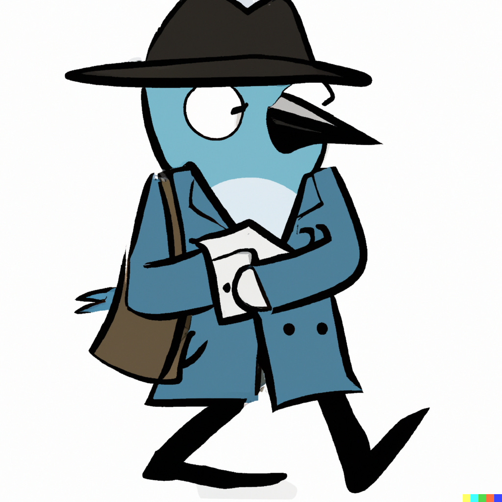 “blue bird biting a man wearing a trenchcoat and a fedora and holding a notebook, cartoon style” / DALL-E