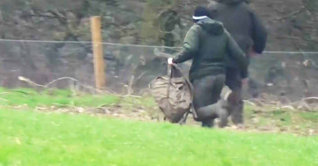 Two terriermen are running, one of whom is holding a rucksack. Hunt monitors that captured the film believe the bag contained a live fox.