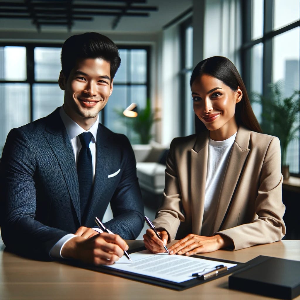 Man and Woman looking at you both with pens in hand about to sign a contract. Both are happy. In an office setting