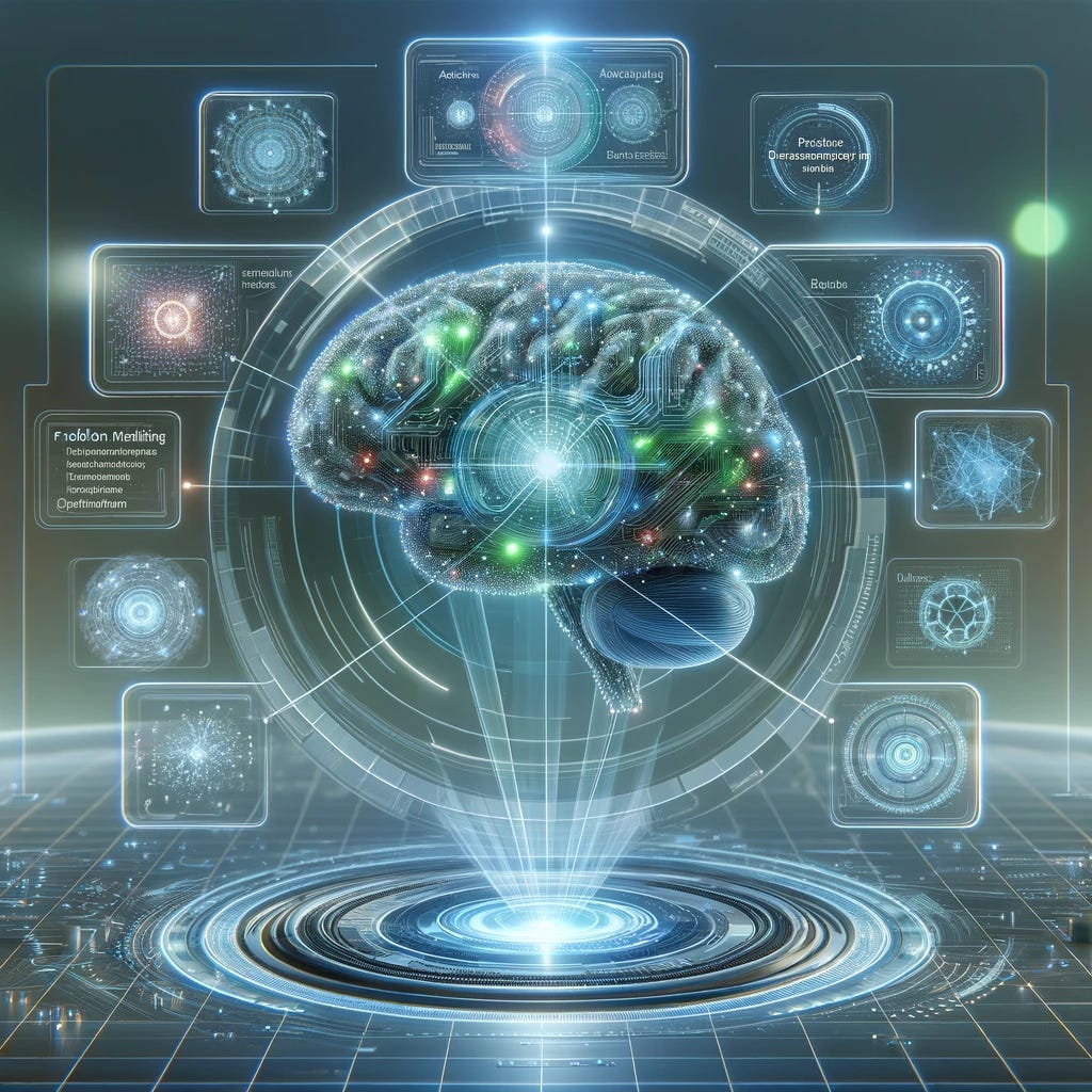 Visualize an artificial intelligence language model engaging in reasoning. The central focus is a large, complex, digital brain, glowing with neural connections, symbolic of AI processing. Around this brain, floating in a semi-circle, are several holographic screens, each depicting a different step of problem-solving. These steps include data analysis, pattern recognition, decision making, and predicting outcomes. The background is a futuristic, high-tech setting, with soft blue and green lights emphasizing the advanced technology. The overall feel is sleek, intelligent, and cutting-edge.