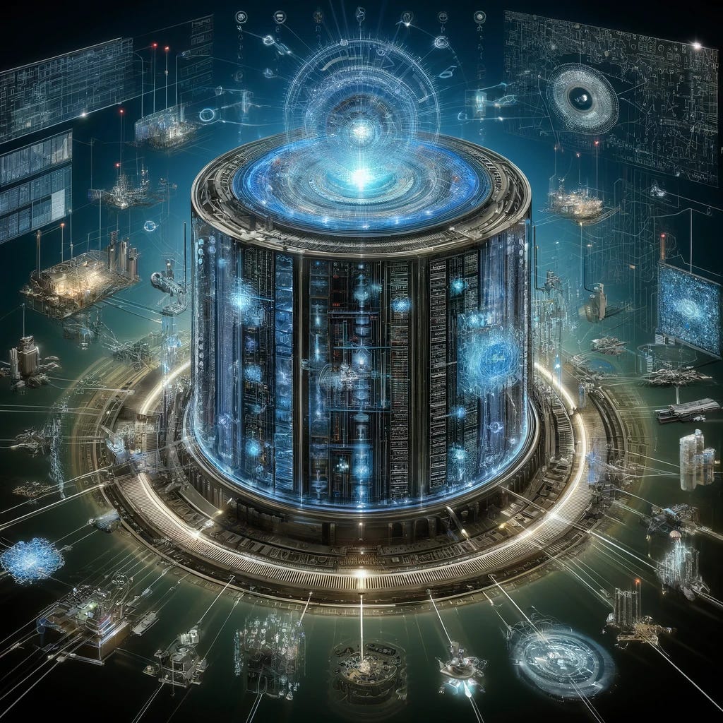 An artistic representation of an artificial intelligence system using a large memory to plan and solve a complex problem in multiple steps. The image features a futuristic, high-tech environment with a massive, glowing data storage unit at the center, connected to various parts of the system through intricate, glowing pathways. The AI system is visualized as a holographic interface displaying multiple layers of data and steps of the plan. Around the central memory unit, robotic arms or digital interfaces interact with the data, representing the multiple steps and complex problem-solving process. The background includes abstract representations of complex problems such as mathematical equations, circuit diagrams, and network connections.