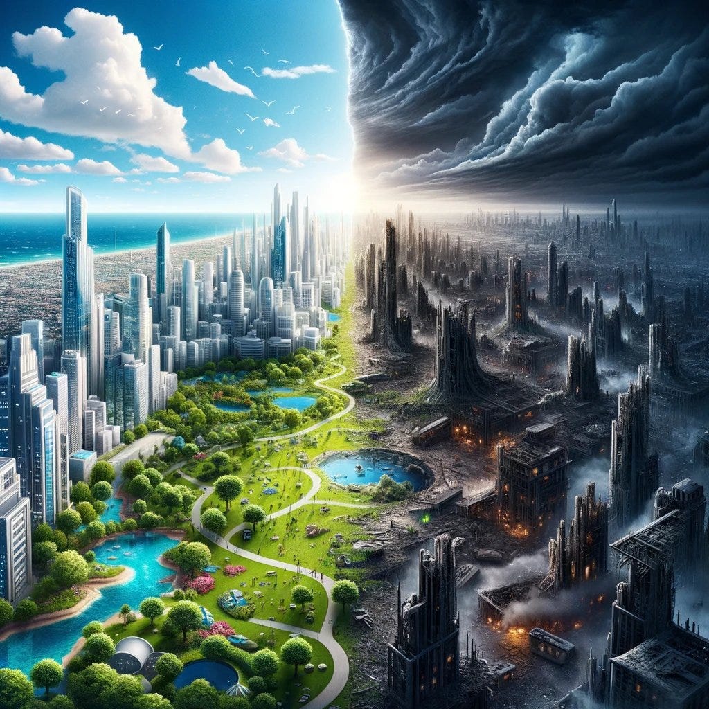 Photo of a split cityscape: one side depicts a bright, Utopian city with green parks and futuristic buildings under a clear blue sky, while the other side shows a dark, apocalyptic wasteland with ruins and storm clouds.