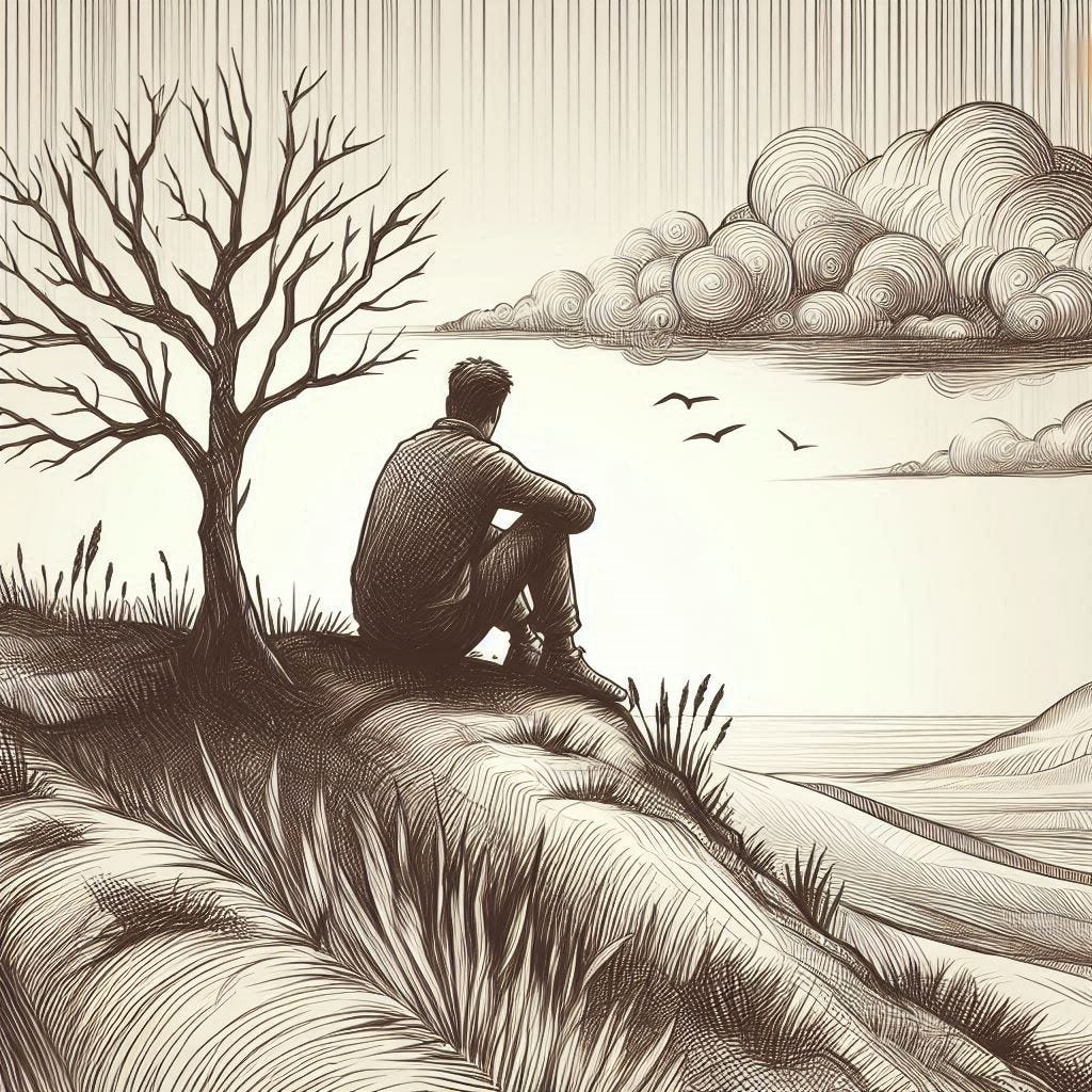 a drawing of a lonely  man, sitting on a hill on his own