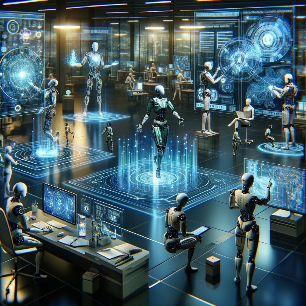 A dynamic and futuristic scene depicting various autonomous artificial intelligence agents engaged in diverse tasks. These AI agents are shown using advanced technology, such as holographic memory modules, strategic planning interfaces, and executing complex actions. Some agents are analyzing holographic data projections, others are planning strategies on interactive digital maps, and a few are physically executing tasks with precision robotic arms. The environment is a high-tech facility, with sleek surfaces and ambient lighting that highlights the advanced nature of the tasks being performed. The image should capture the essence of collaboration, intelligence, and the future of technology.