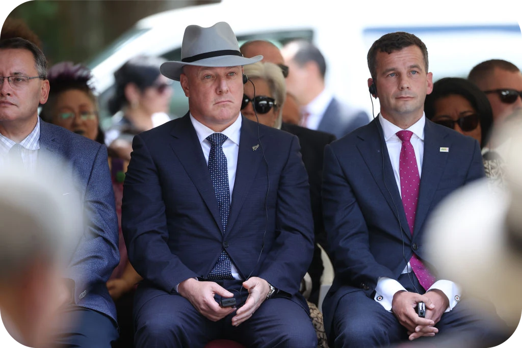 Christopher Luxon and David Seymour at Waitangi on February 5, 2023. Photo: Fiona Goodall/Getty Images   