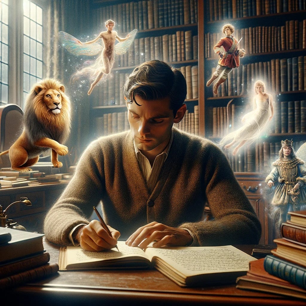 In a vintage-style study filled with books, a man who closely resembles the individual from the uploaded photographs is seated at a wooden desk, engaged in writing a book. The man has short hair and distinctive facial features that reflect a mid-20th century British professor. The room is bathed in soft, ambient light. In the background, his imagination is illustrated with ethereal figures from a fantastical world: a majestic lion without wings, a faun that is human from the waist up and a goat from the waist down, a brave mouse, a robust dwarf, and regal young princes and princesses, all appearing as slightly transparent images.