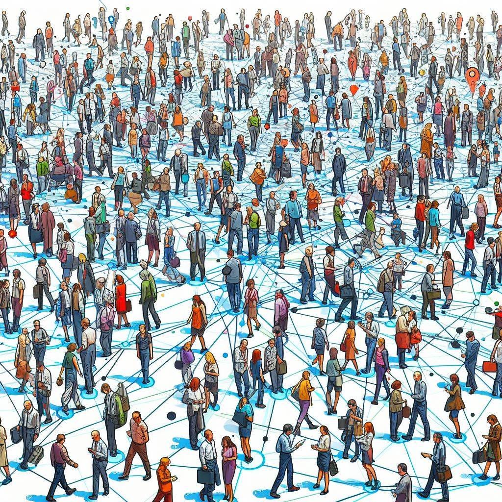 lots of people going about their daily lives, with connections of energy between them - some connections stronger than others