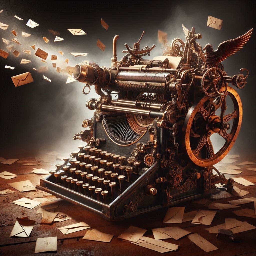a steam-punk inspired machine sending out letters like a machine gun a steam-punk inspired machine sending out letters like a machine gun