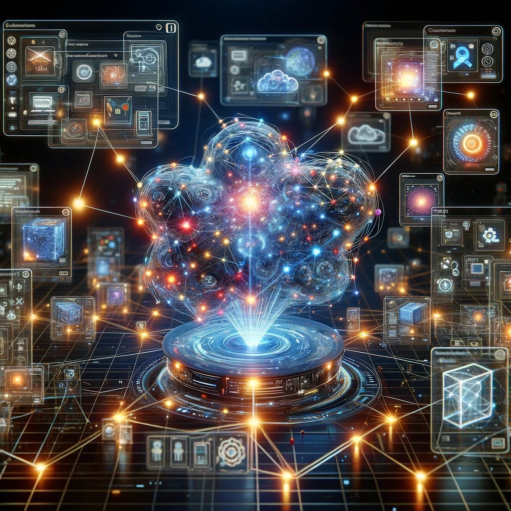 A conceptual and abstract representation of an advanced artificial intelligence language model like GPT-4 or Claude, visualized as a complex network of glowing neural connections in a digital space. This network is surrounded by various holographic screens displaying different Software as a Service (SaaS) systems, such as cloud storage, customer relationship management, and project management tools. The AI's neural network is actively connecting to these systems, symbolizing its engagement in problem-solving and decision-making processes in a virtual environment.