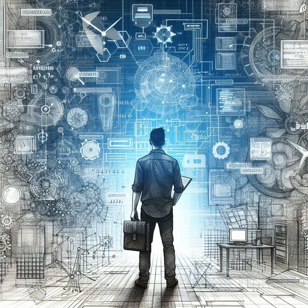 a drawing of a software developer surrounded by complex structures and algorithms