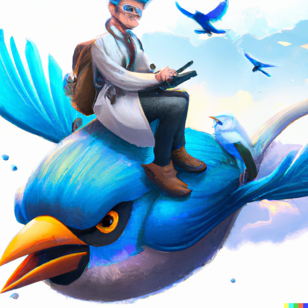 “a nerdy scientist sitting on top of a flying blue bird, digital art” / DALL-E