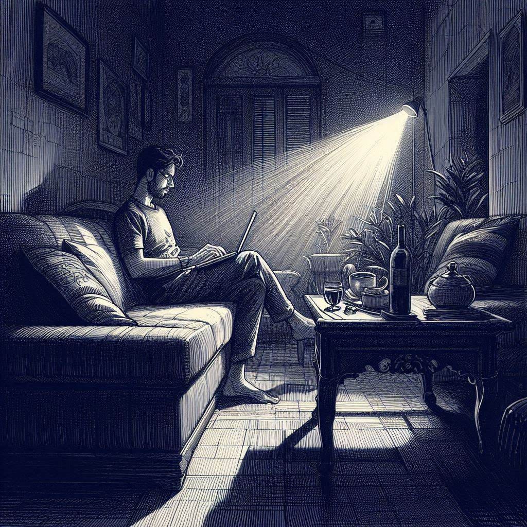 drawing of a man sitting on a sofa in a dark room, bather in the light of a laptop on his lap, and a coffee table with a glass of wine on it drawing of a man sitting on a sofa in a dark room, bather in the light of a laptop on his lap, and a coffee table with a glass of wine on it
