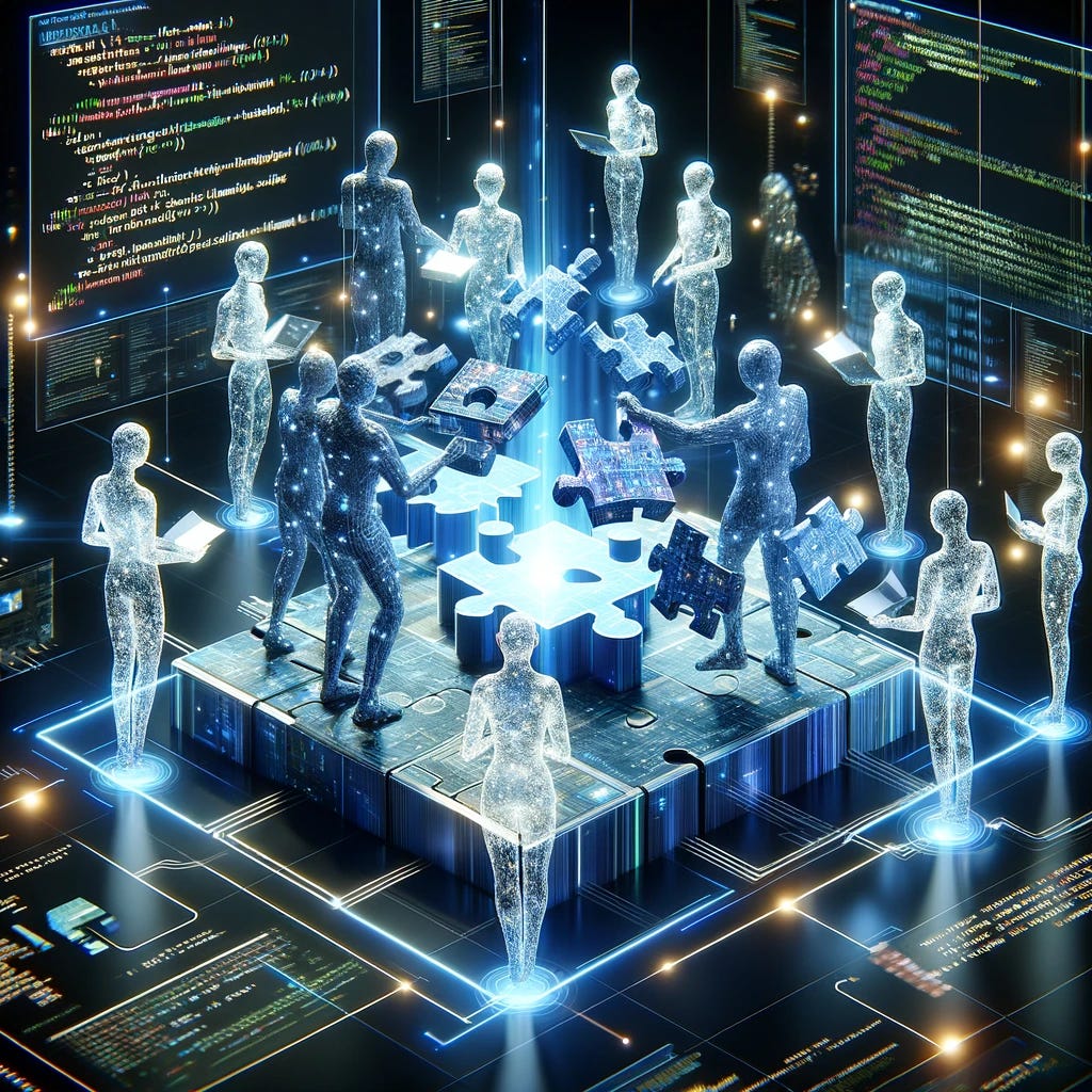 The image showcases a dynamic scene where multiple AI language-based programs are depicted as humanoid figures made of light and digital elements. Each figure is interacting with others in a collaborative effort to accomplish a specific task. The task is represented by a large, intricate 3D puzzle in the center, with pieces made of glowing code and data streams. The AI figures are actively engaging with the puzzle, some analyzing pieces while others are fitting them together. The background is a vast digital landscape, filled with lines of code and holographic interfaces, emphasizing a virtual, high-tech environment. This scene symbolizes teamwork, advanced AI interaction, and the power of collective problem-solving.