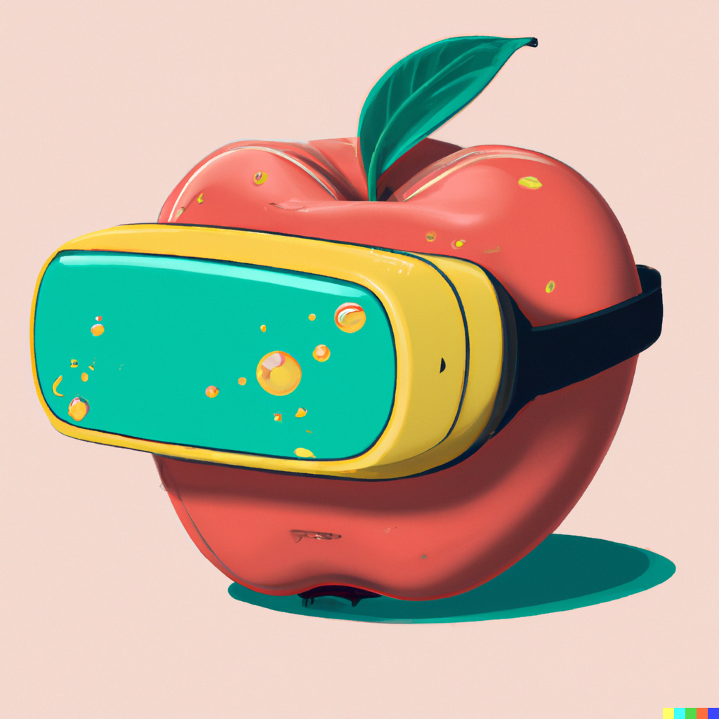 “an apple wearing a virtual reality headset, digital art” / DALL-E